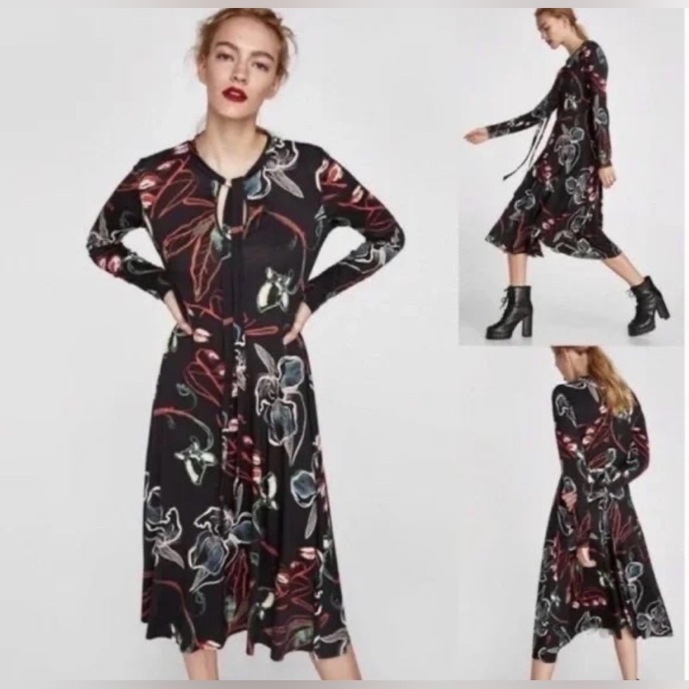 Zara Keyhole Midi Floral Dress size L - Picture 2 of 16